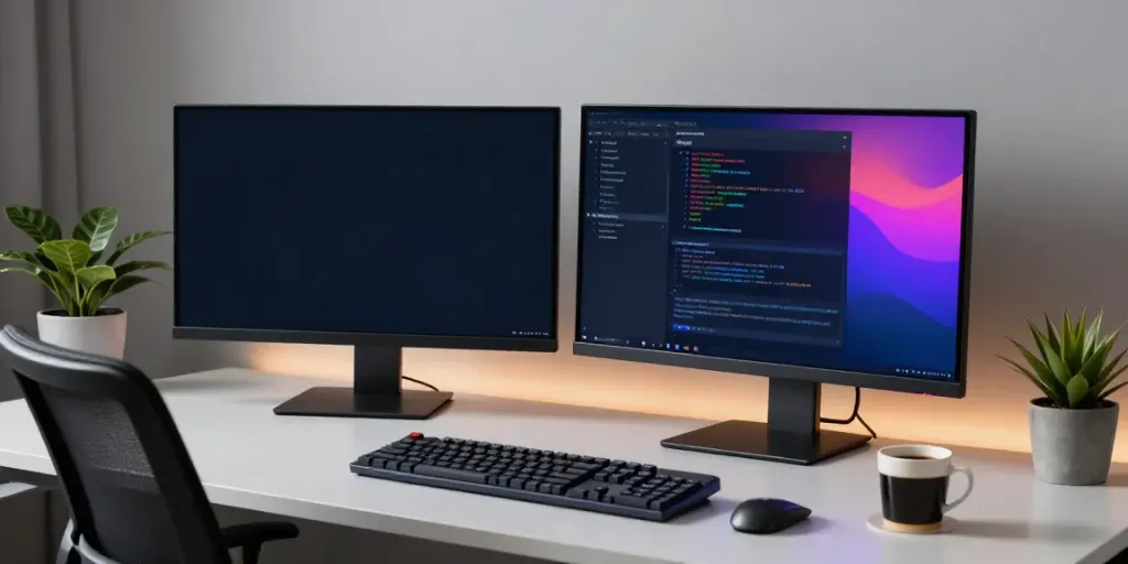 Buy .co.uk domain registration screen on a developer's monitor with coding tools and a clean workspace.