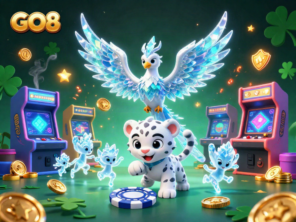 Engage in GO8 gaming excitement with a vibrant scene of a phoenix, snow leopard, and ice sprites.