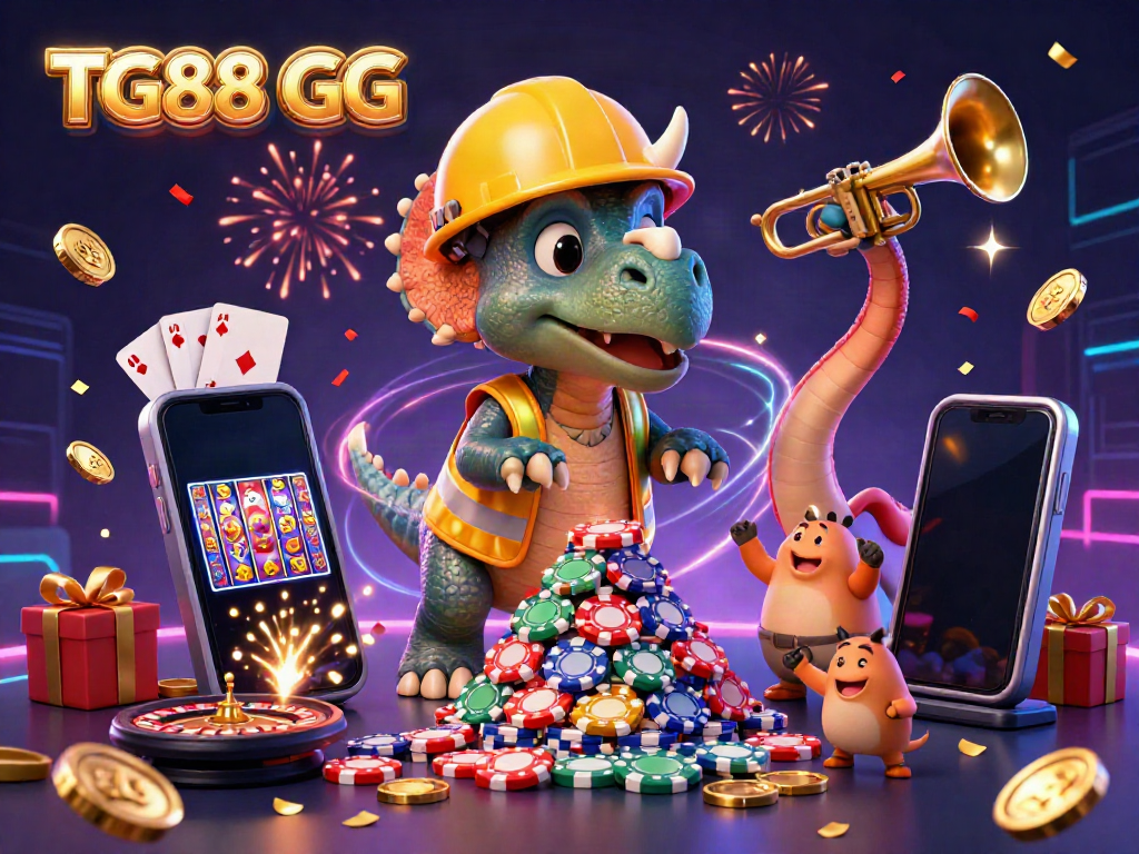 Experience the excitement of TG88 GG with a vibrant 3D casino illustration featuring animated characters and gaming elements.