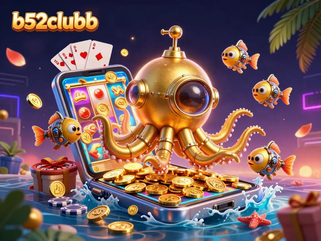 b52clubb presents a vibrant 3D scene with a golden kraken submarine and casino game features.