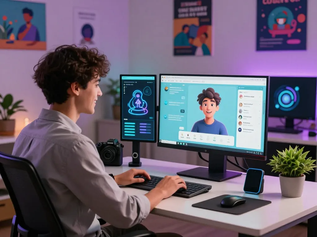 User engaging in Crushon AI chat session in a modern digital workspace with vibrant lighting and tech gadgets.
