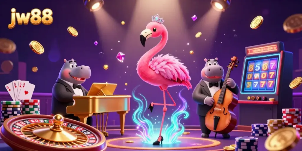 Join the fun at jw88 with a vibrant casino illustration featuring a flamingo singer and hippo bassist.