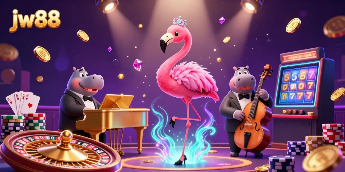 Join the fun at jw88 with a vibrant casino illustration featuring a flamingo singer and hippo bassist.