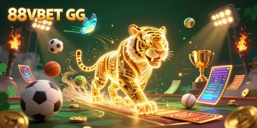 Experience the thrilling action of 88VBET GG with a golden tiger in a vibrant digital casino landscape.