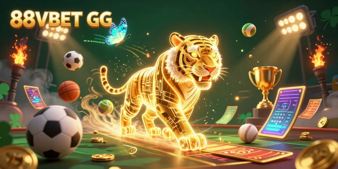 Experience the thrilling action of 88VBET GG with a golden tiger in a vibrant digital casino landscape.
