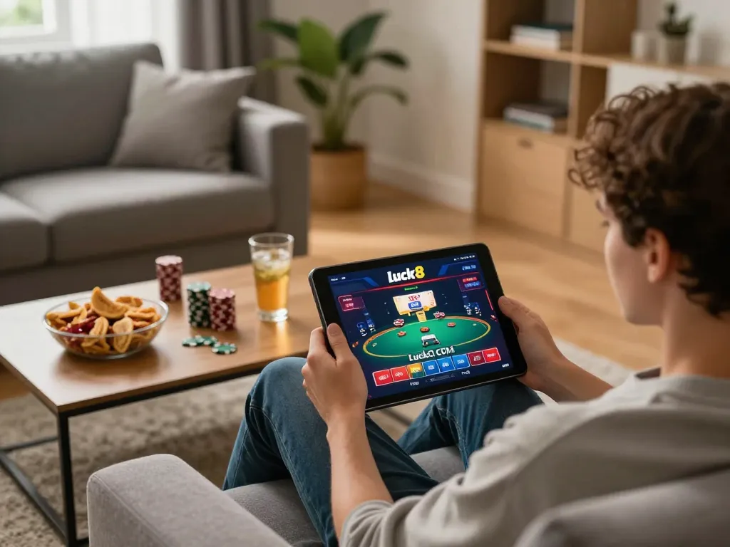 Engaging in online poker at Luck8 com from the comfort of home, showcasing a cozy gaming setup.