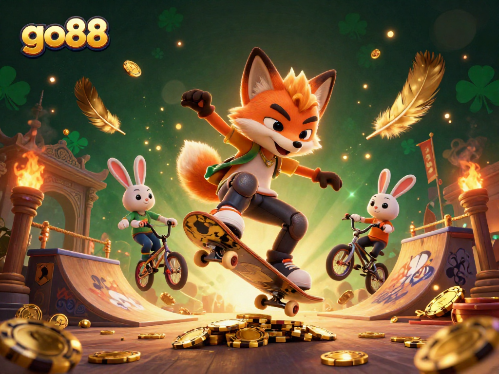 Engage with go88 in a dynamic 3D scene featuring a fox and rabbit illustrating exciting casino gaming elements.