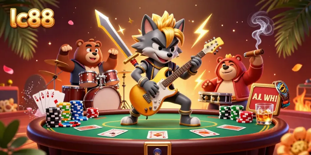 Experience an electrifying casino scene with lc88 featuring dynamic cartoon characters and vivid poker elements.