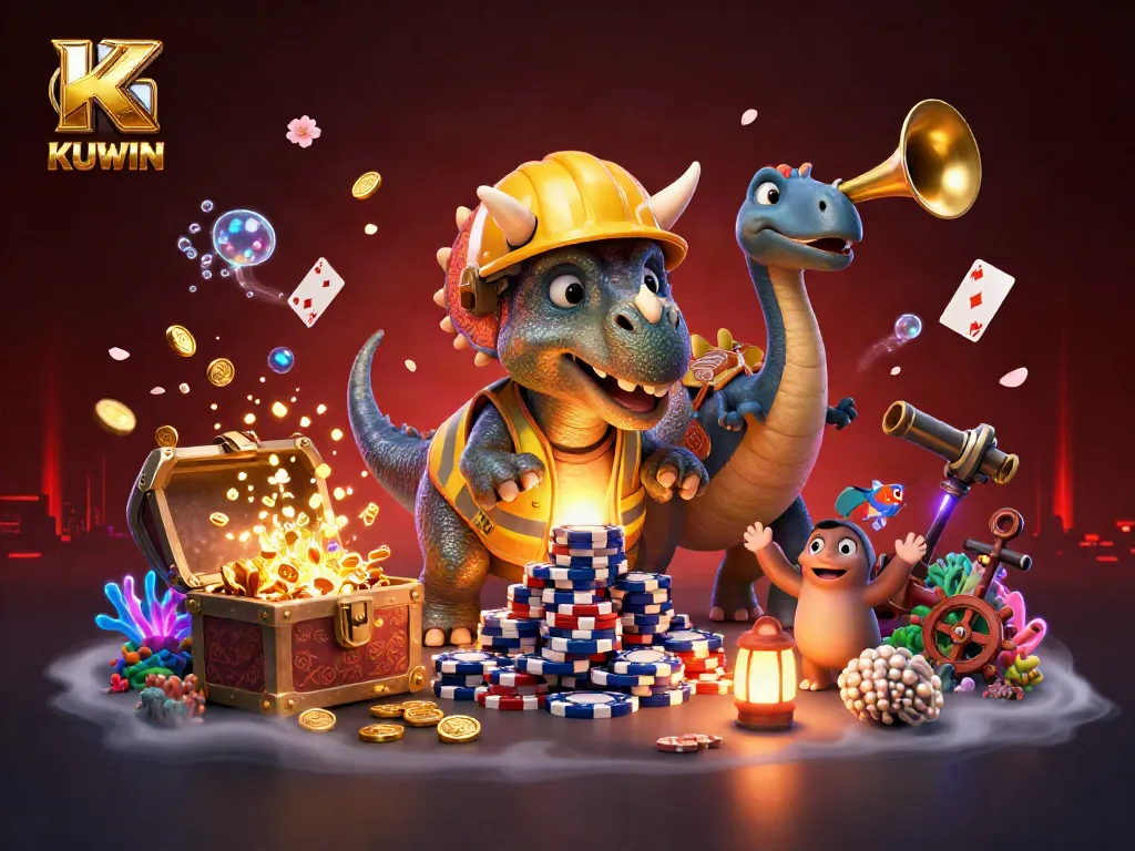 Engage with KUWIN's vibrant gaming scene featuring a cartoon triceratops building poker chips amid aquatic treasures.