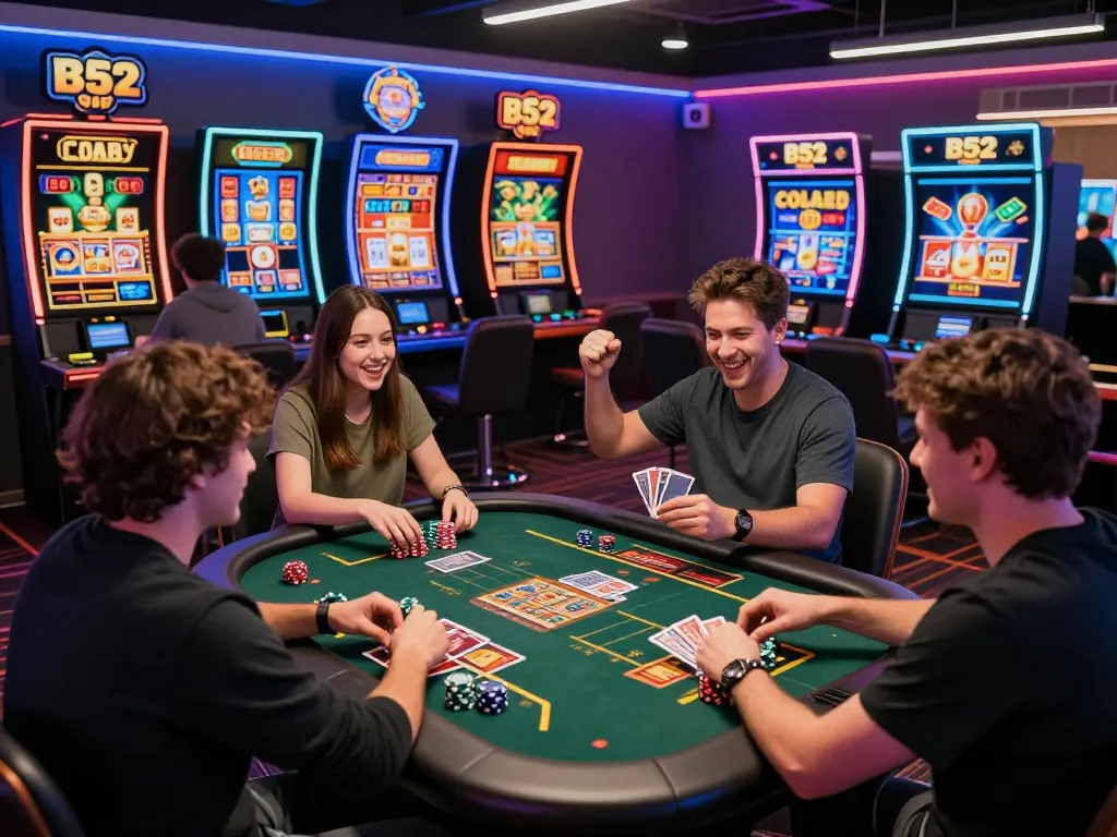 Players enjoying thrilling B52 online casino games in a vibrant gaming lounge.