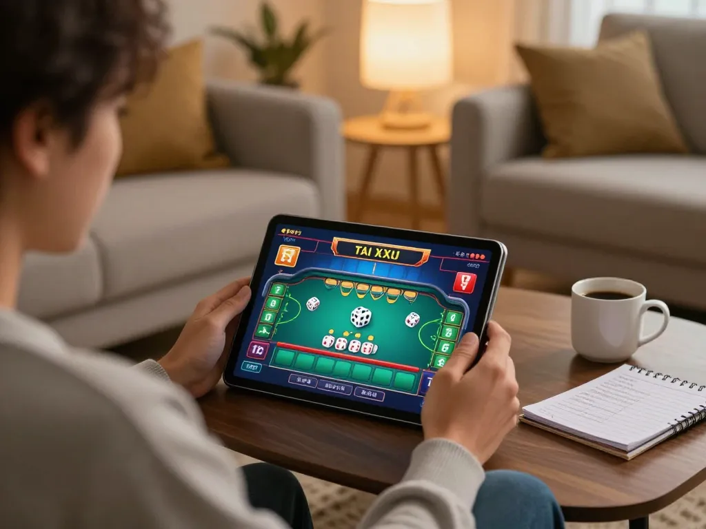 Player immersed in tai xiu online game on tablet, cozy home atmosphere with strategy notes.