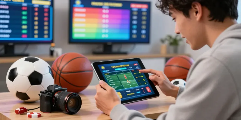 Engaged user placing bets on five88 platform amidst vibrant sports paraphernalia.