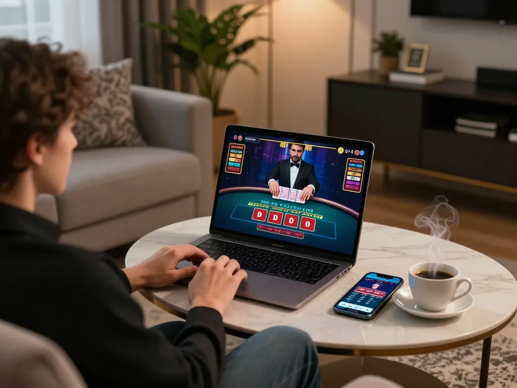 Engaged player enjoying an online blackjack game via rik88 on a laptop in a cozy living room.