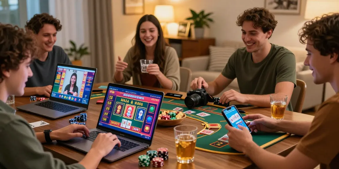 Friends enjoying online games at home in a lively atmosphere while playing at casinos that accept credit card.