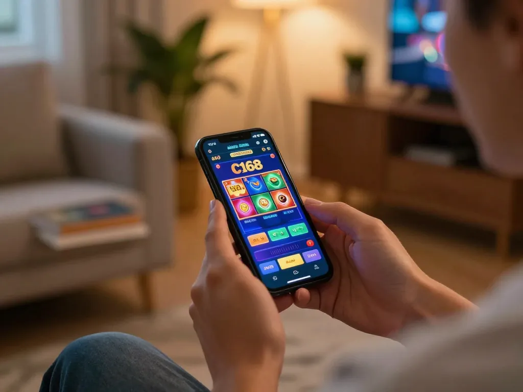 Player enjoying the C168 online casino app while relaxing at home, highlighting responsible gaming