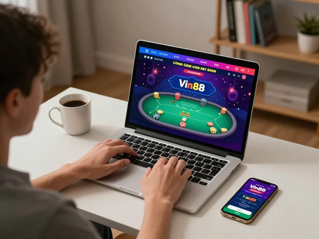 Cổng game Vin88 displayed on a laptop screen during an online casino session, showcasing a poker game interface.