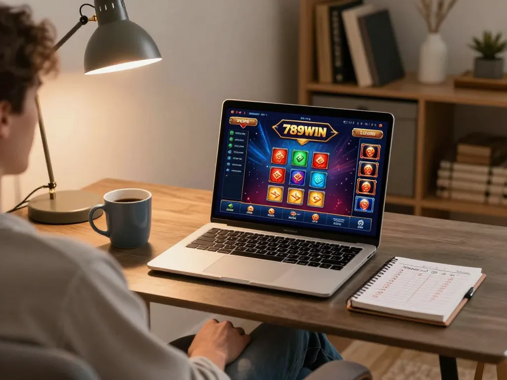 Engage with 789WIN online casino gameplay in a cozy home setup.