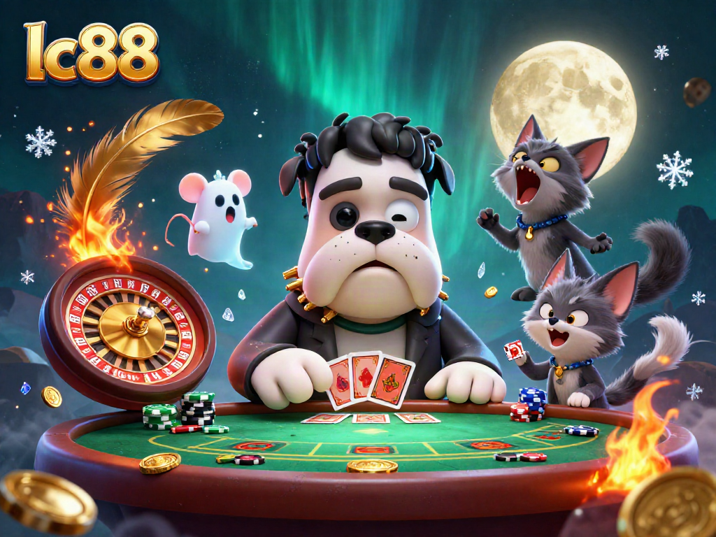 Casino scene featuring lc88 with a Frankenstein bulldog dealer, ghost, and werewolf kitten in action.