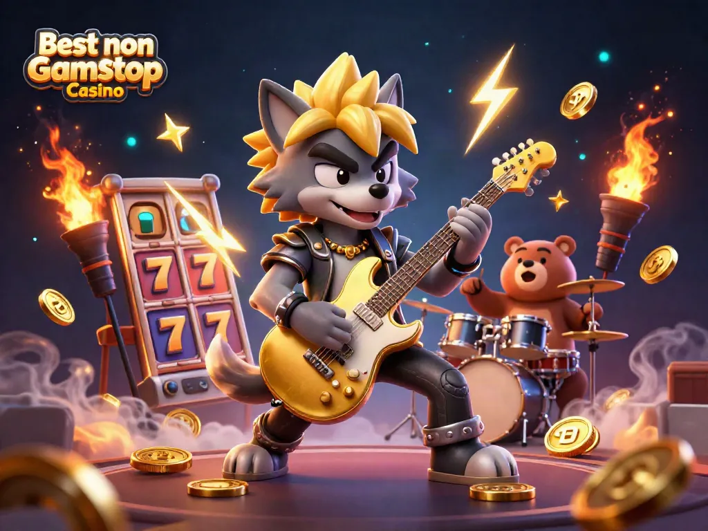 Experience the excitement of the Best non Gamstop Casino with vibrant 3D illustrations of a rock star wolf and drummer bear.