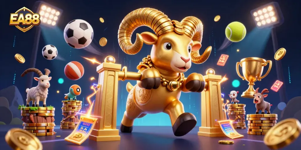 EA88 sports balls and a golden ram charging through a casino themed scene, delivering excitement to players.