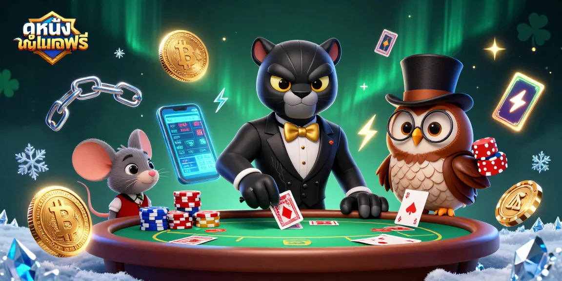 Dealing cards in an exciting online casino scene with poker chips and vibrant crypto elements for ดูหนังออนไลน์ฟรี.