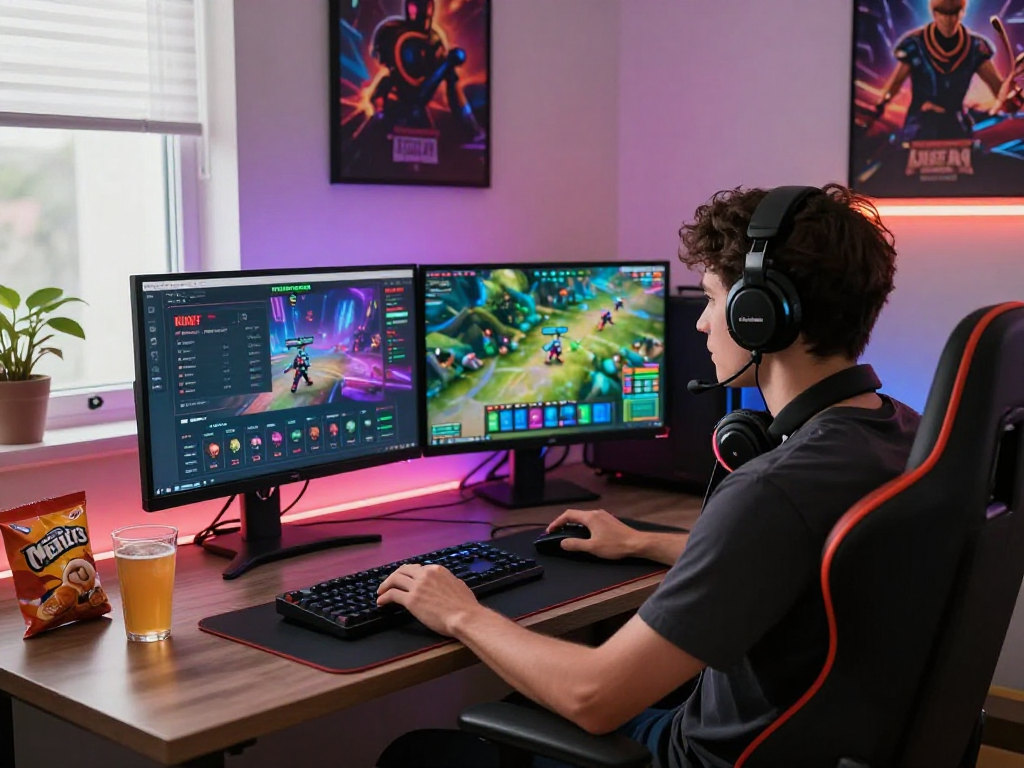 KOMBET168 online gaming setup with dual monitors in a vibrant home office