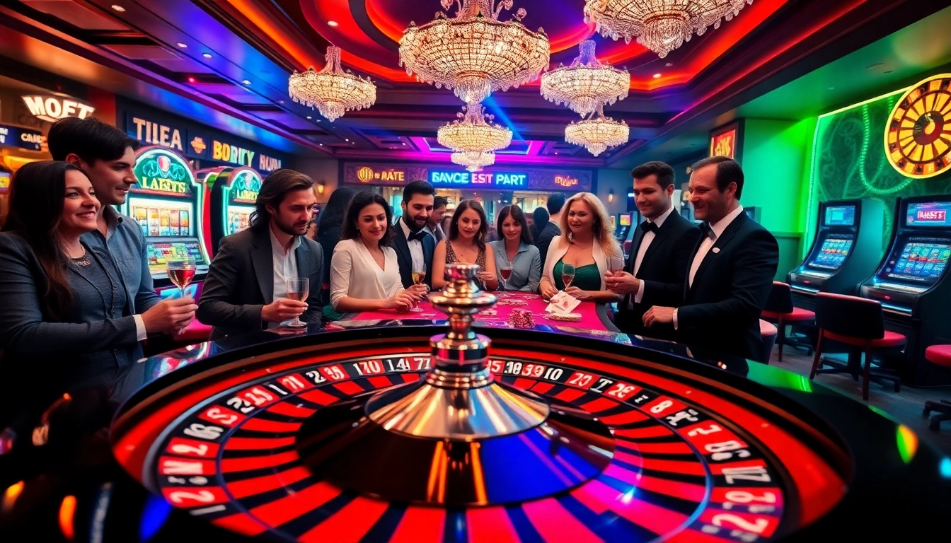 Experience the thrill of BDTK1 gambling in a vibrant casino scene with roulette, cards, and players.