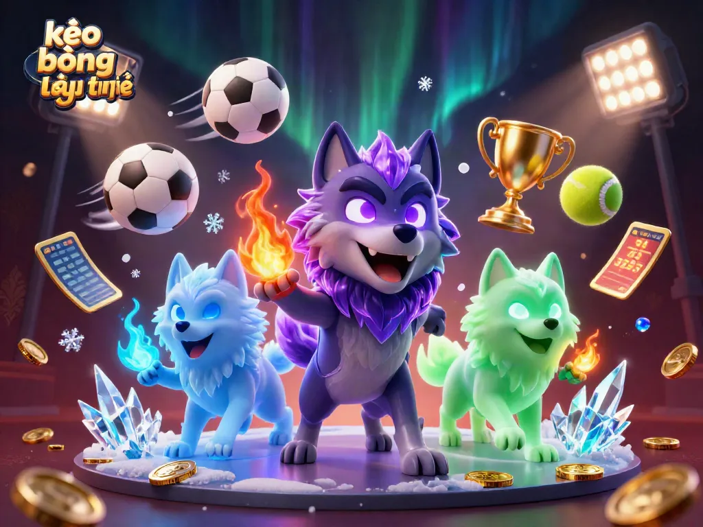 Engage in thrilling online betting with kèo bóng đá trực tuyến and betting slips fluttering around dynamic 3D sports wolves.