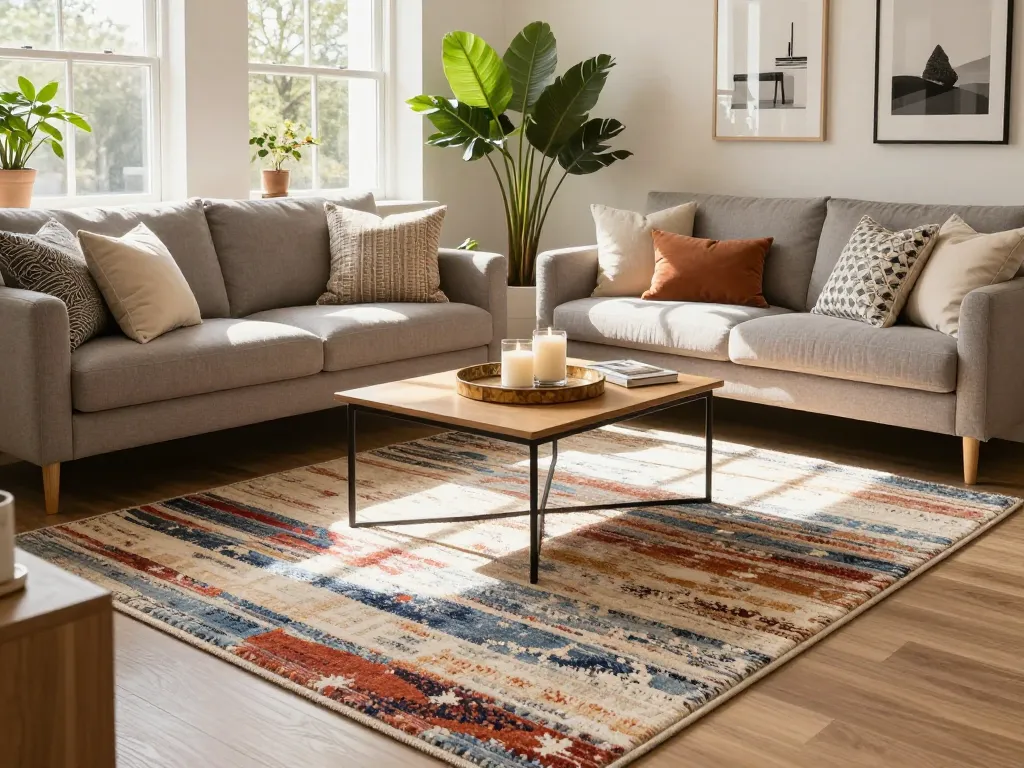 Stylish living room showcasing affordable carpets London with warm sunlight and inviting decor.