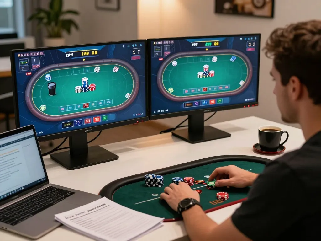 Engaged player mastering sky88 poker strategies on dual monitors in a cozy home office setup.