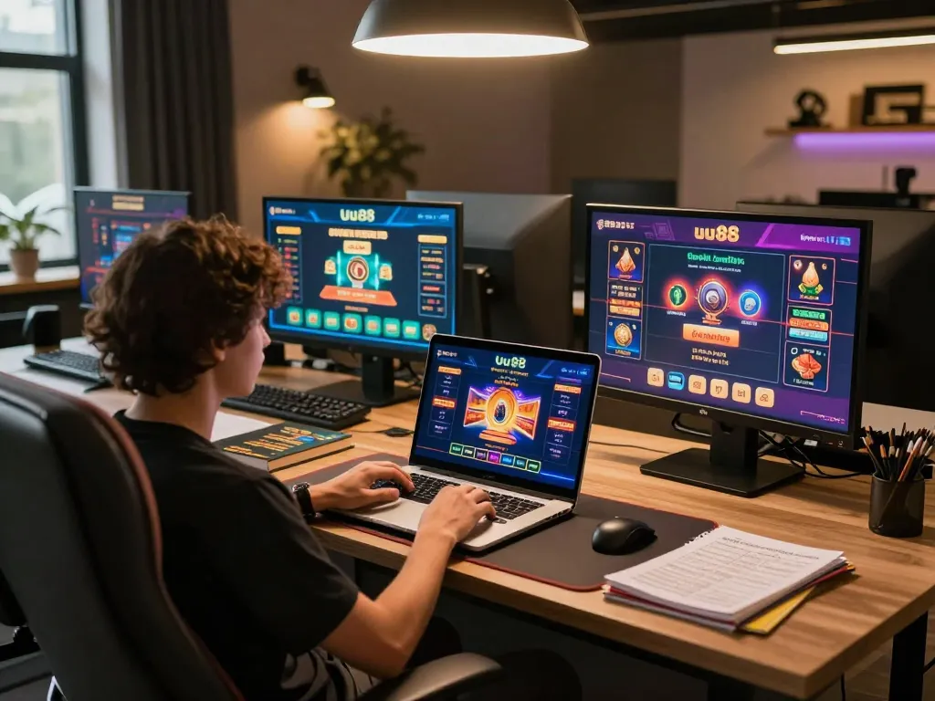 Engaging with uu88's online casino platform in a comfortable and strategic setup