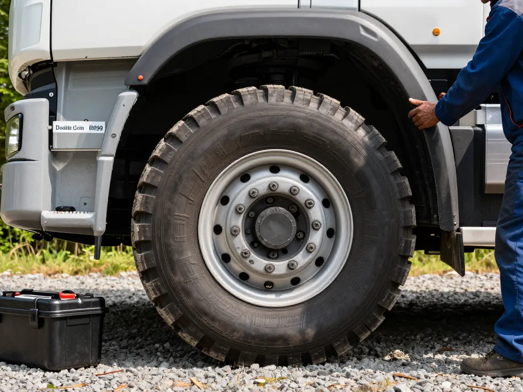 RR99 tire on rugged semi-truck showing durability and tread design in forest setting.