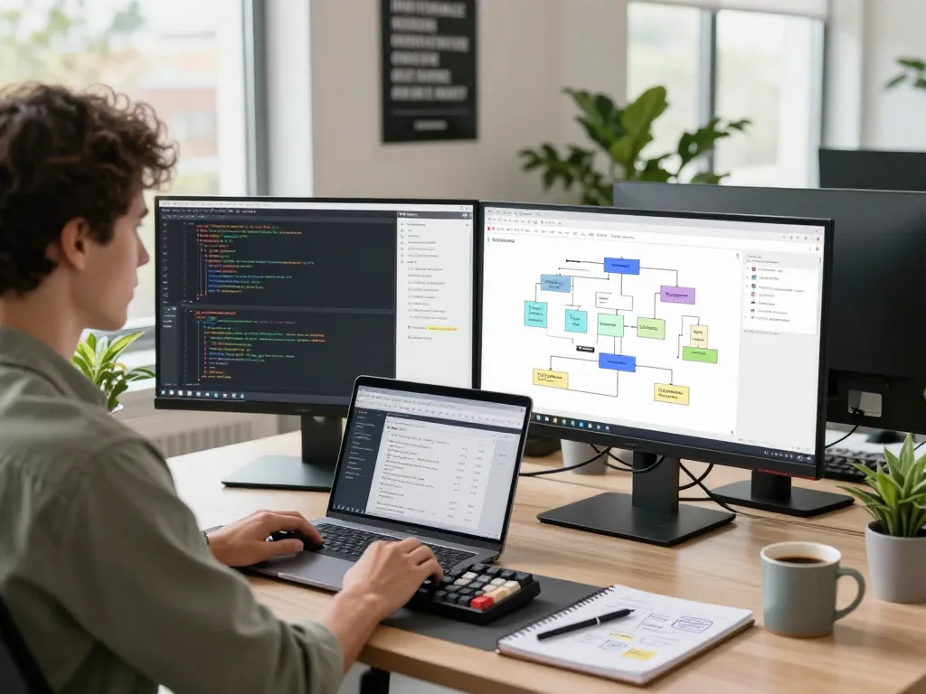 Developer utilizing the molt bot AI assistant in a modern workspace, coding and managing tasks with optimized tools.