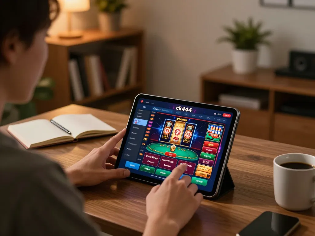 Using ck444 login to access online casino games on a tablet in a cozy home setting.