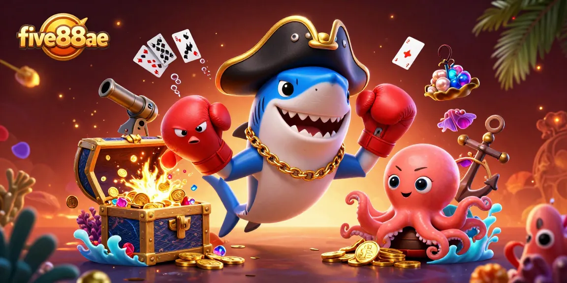 Experience the excitement of five88ae with a vibrant underwater casino illustration featuring thrilling characters and elements.