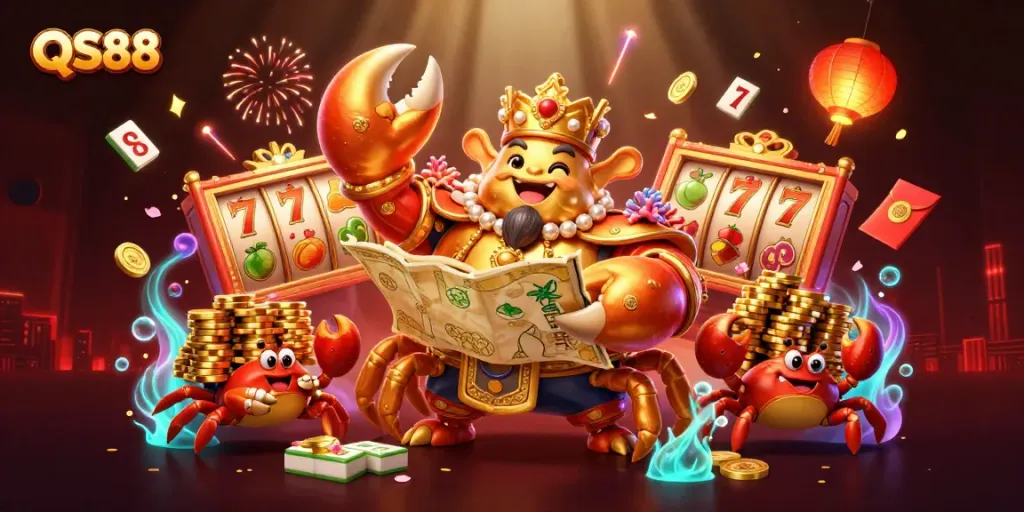Play slots and win with QS88, featuring vibrant 3D crab emperor and festive casino elements.