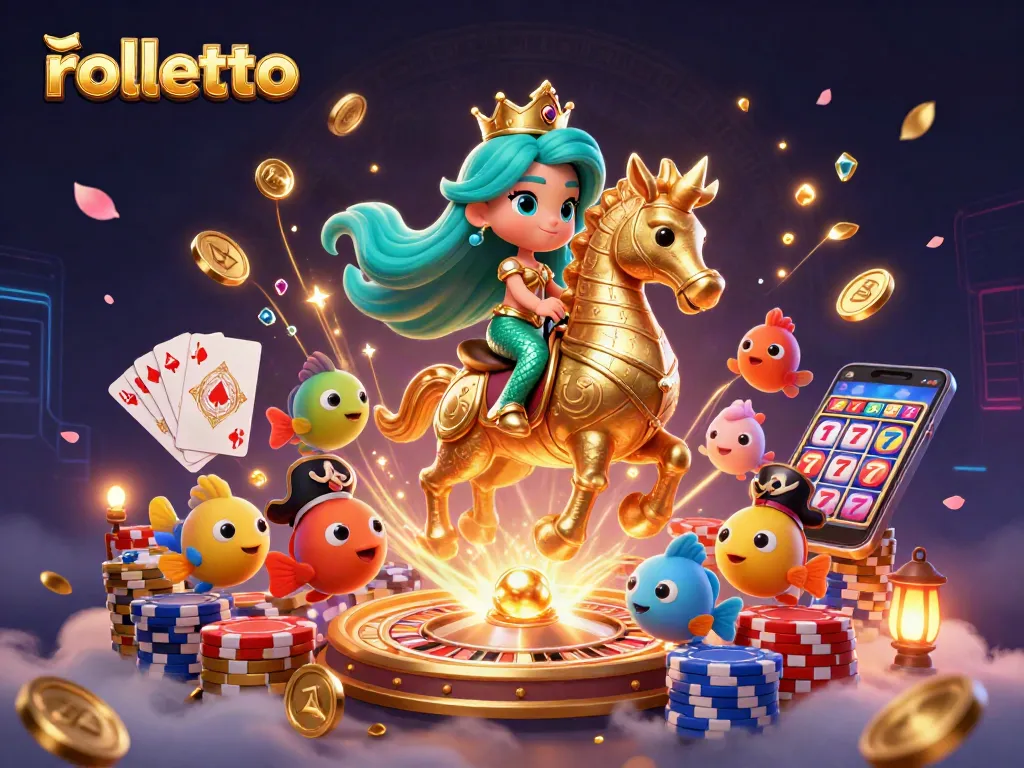 Experience the excitement of rolletto with a vibrant mermaid and golden treasures at a lively casino scene.
