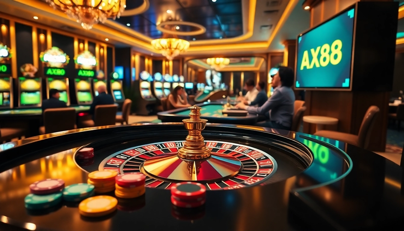 Experience the excitement of betting at AX88 with vibrant roulette and poker scenes.