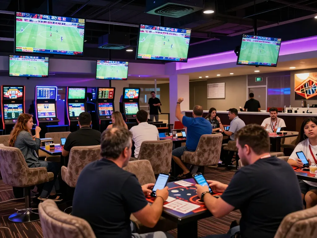 Excited patrons placing bets on mobile devices at a vibrant sports betting lounge at tylekeonhacai88