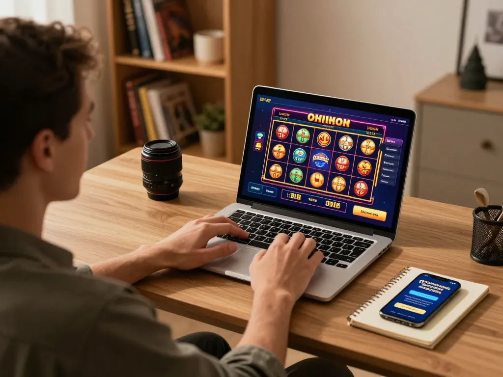 Playing slots on TR88 while focusing on strategy in a home office.