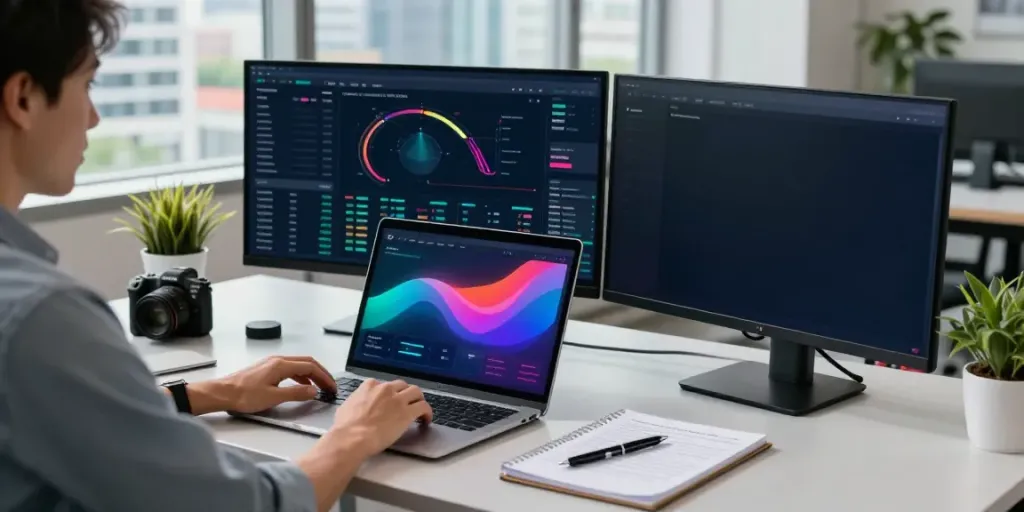 Marketer analyzing instant indexing data in a vibrant digital marketing workspace.