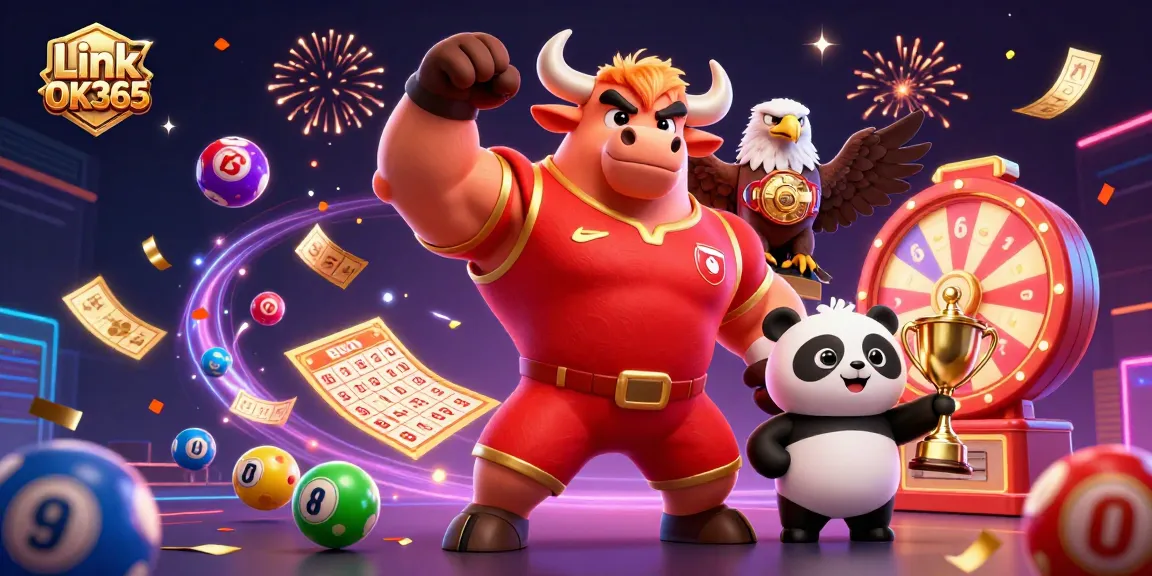 Engage in thrilling casino action with Link OK365 featuring vibrant characters, lottery balls, and dynamic gaming elements.