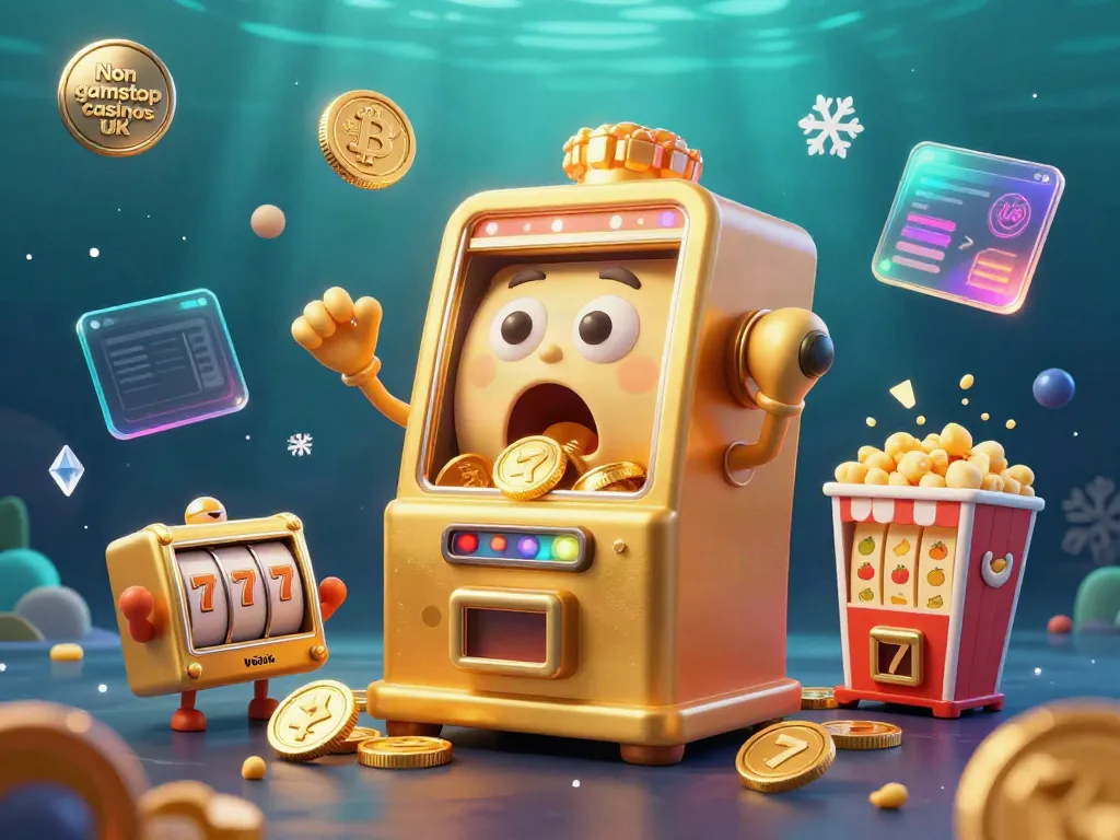 Engage with Non gamstop casinos UK featuring a golden slot machine hitting a jackpot amidst vibrant casino elements.