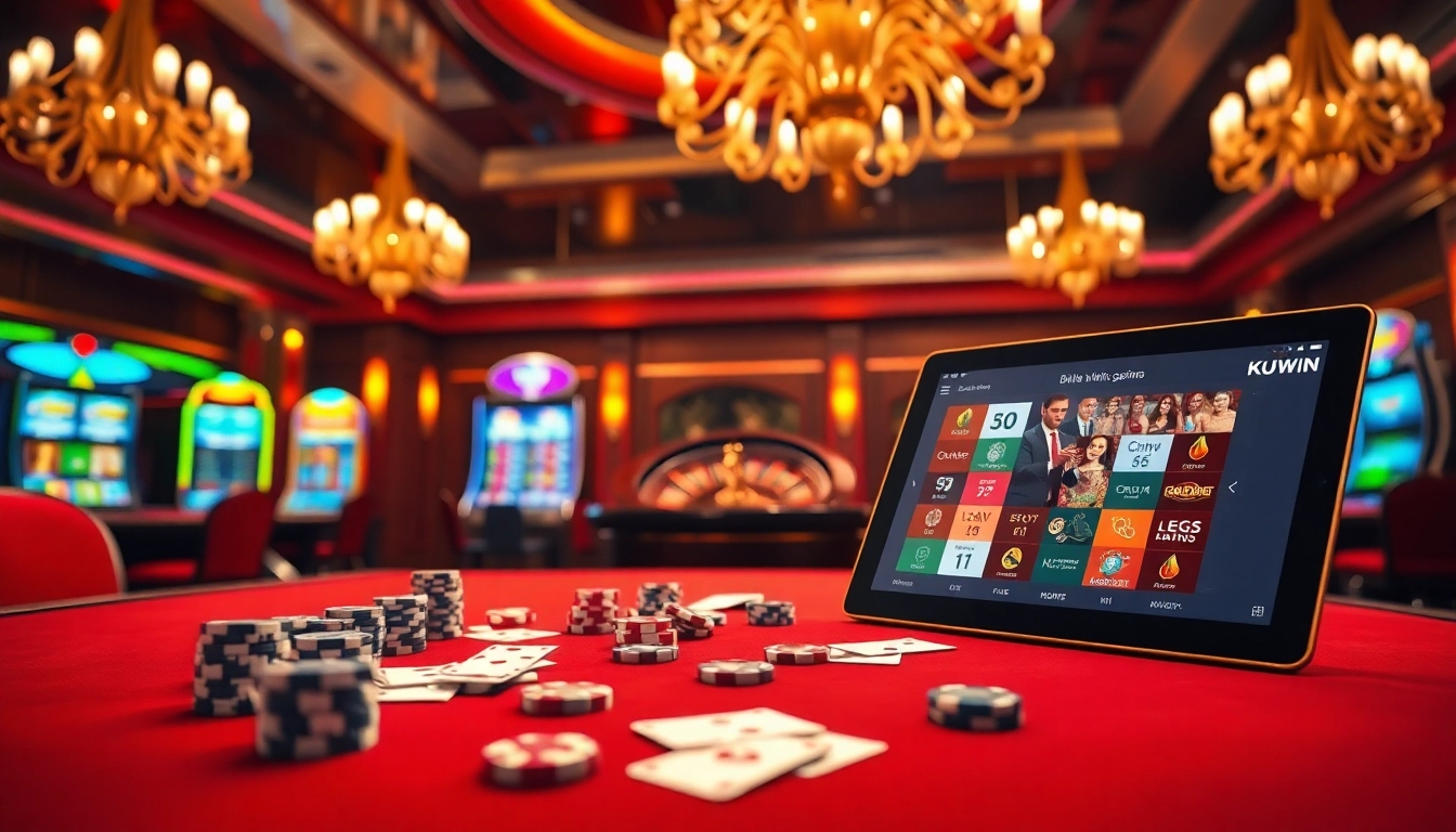 Experience thrilling gambling excitement at KUWIN casino with poker chips and vibrant slot machines.