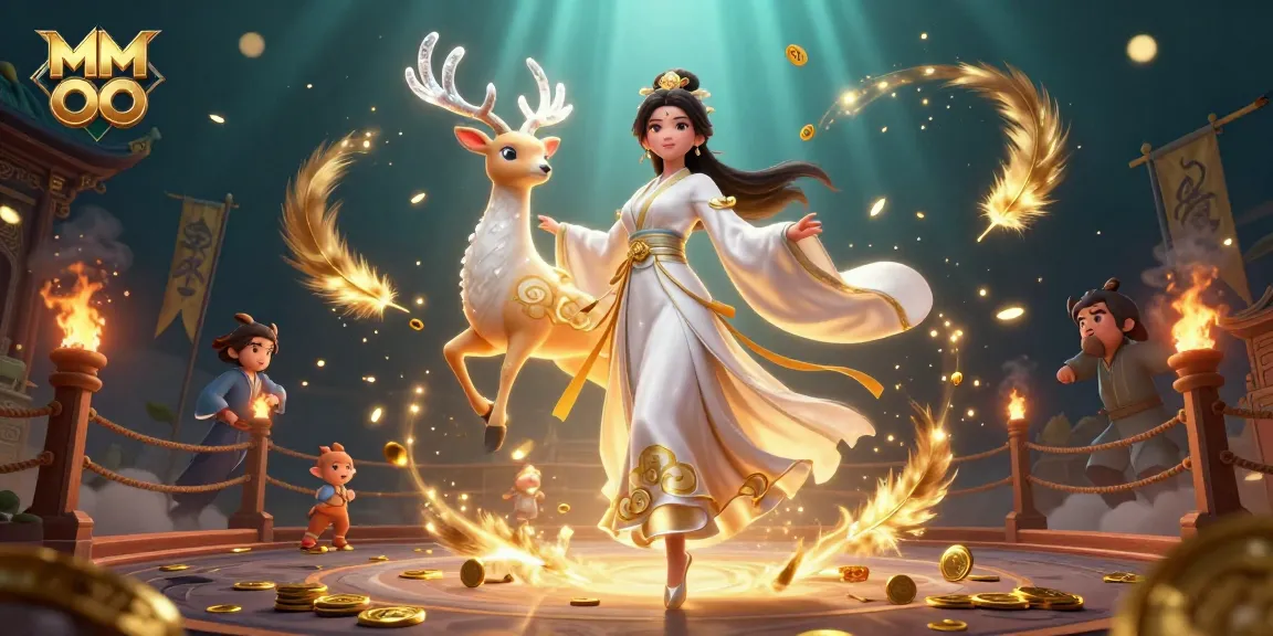 Engaging gameplay at MM OO with a stunning 3D scene of a beautiful woman and crystal deer amidst casino elements.