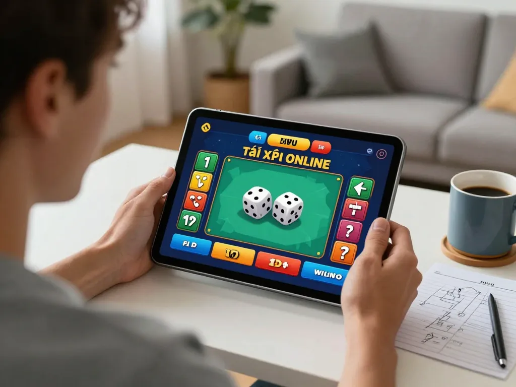 Tài xỉu online gameplay on a tablet in a cozy living room, showcasing immersive betting action.