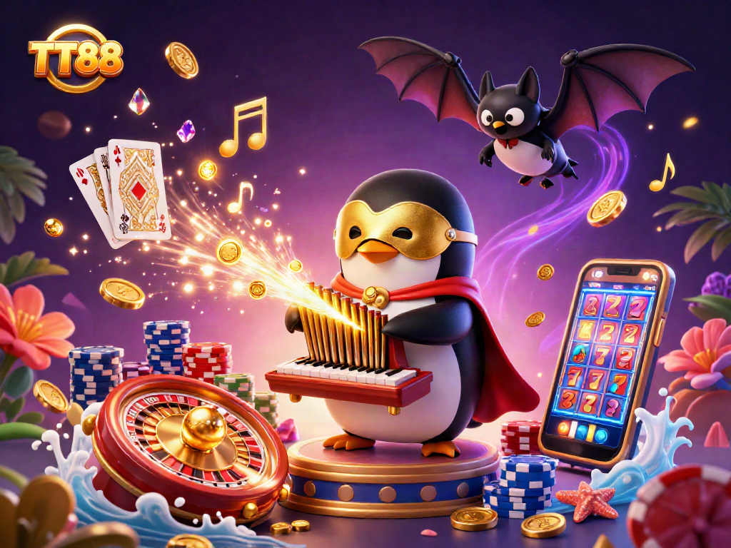 Experience TT88 with a penguin organist and acrobat bat in a vibrant casino illustration.