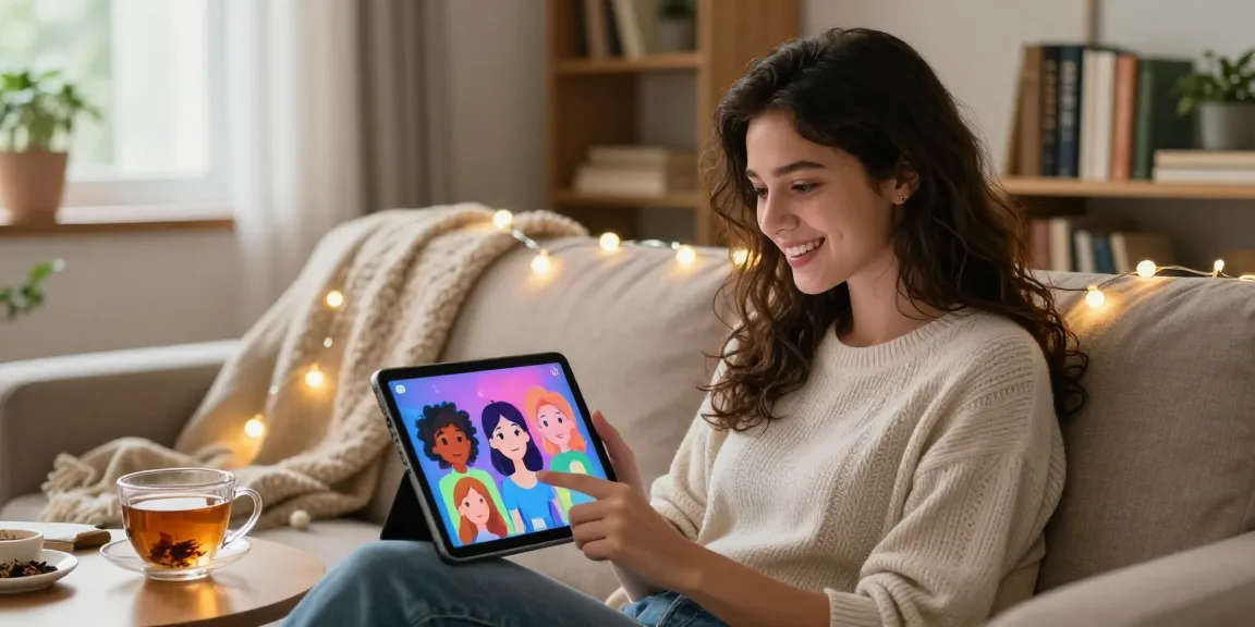 AI girlfriend engagement scene with a woman interacting with her virtual companion on a tablet.