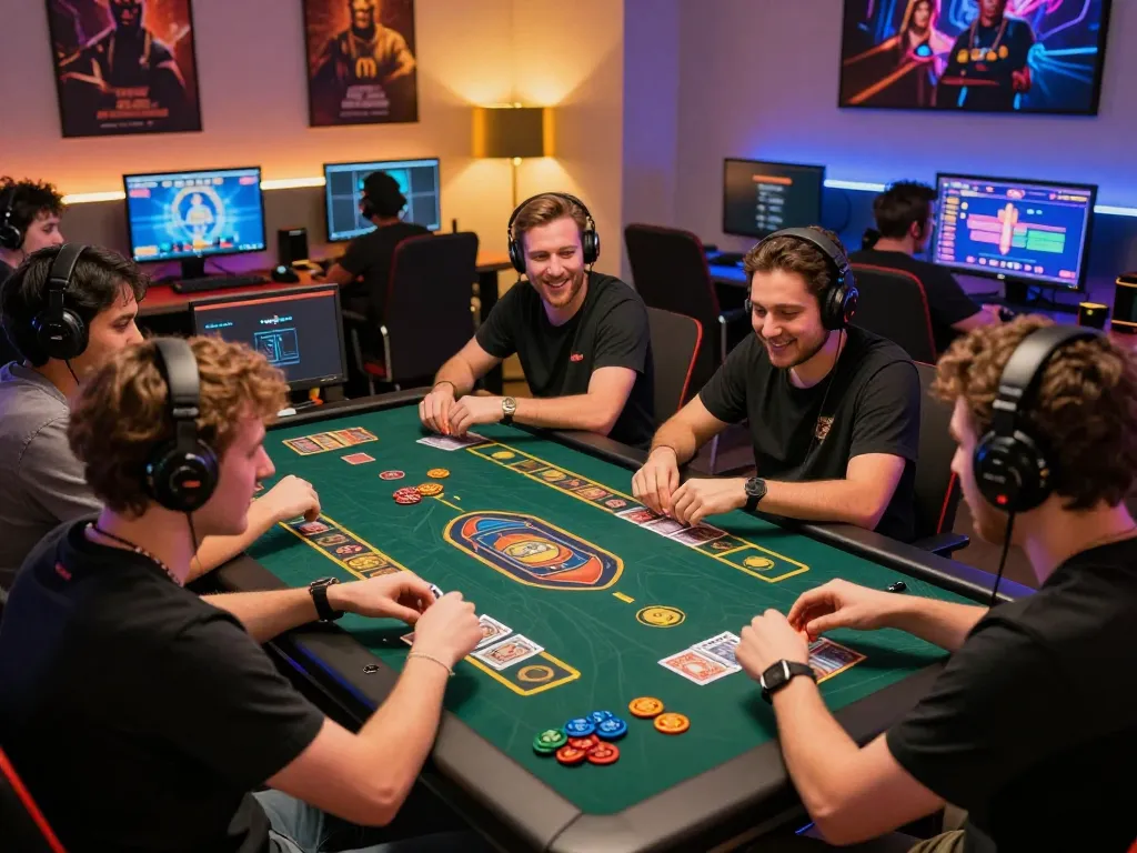 sun win players engaging in vibrant online gaming experience at a modern table, showcasing excitement and camaraderie.