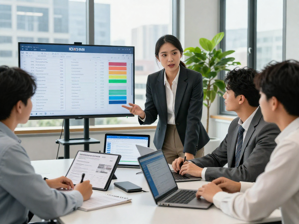 Real estate agent showcasing IDXSTAR property listings in a modern office setting.